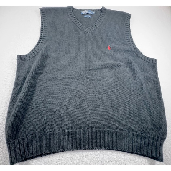 Vintage Polo Ralph Lauren Vest Men's XL Black Red Pony Knit Cotton Sweater VNeck - Picture 2 of 7